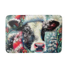 Cow Dreaming of Warmer Times Teal Red Blommigt Badrumsmatta
