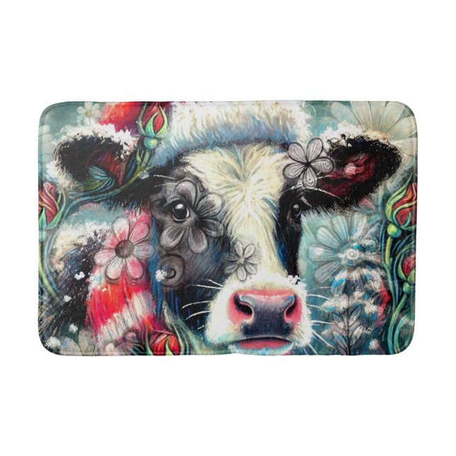 Cow Dreaming of Warmer Times Teal Red Blommigt Badrumsmatta (Framsidan)