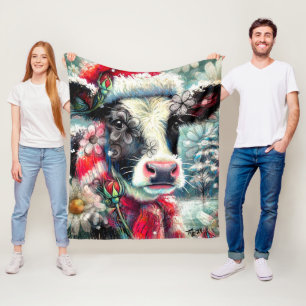 Cow Dreaming of Warmer Times Teal Red Blommigt Fleecefilt