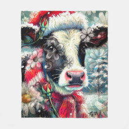 Cow Dreaming of Warmer Times Teal Red Blommigt Fleecefilt
