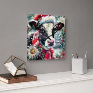 Cow Dreaming of Warmer Times Teal Red Blommigt Fyrkantig Klocka
