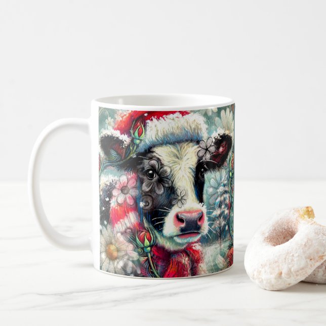 Cow Dreaming of Warmer Times Teal Red Blommigt Kaffemugg (Med munk)