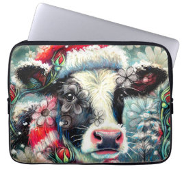 Cow Dreaming of Warmer Times Teal Red Blommigt Laptop Fodral