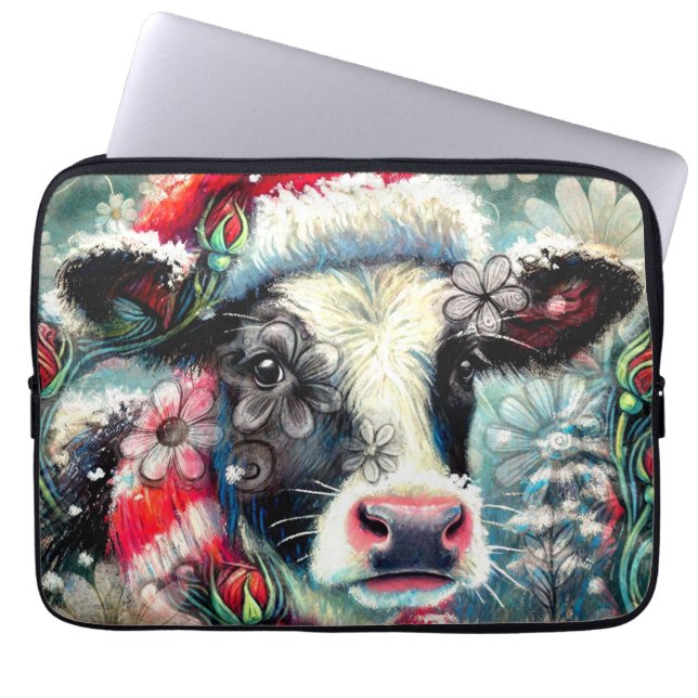 Cow Dreaming of Warmer Times Teal Red Blommigt Laptop Fodral (Framsidan)