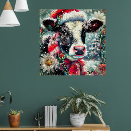Cow Dreaming of Warmer Times Teal Red Blommigt Poster