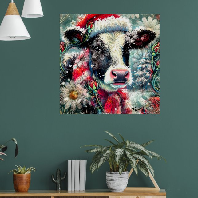 Cow Dreaming of Warmer Times Teal Red Blommigt Poster (Vardagsrum 1)