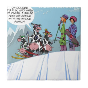 Cow Family Snö Skiing Funny Kakelplatta