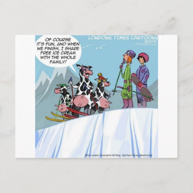 Cow Family Snö Skiing Funny Vykort (Framsida)