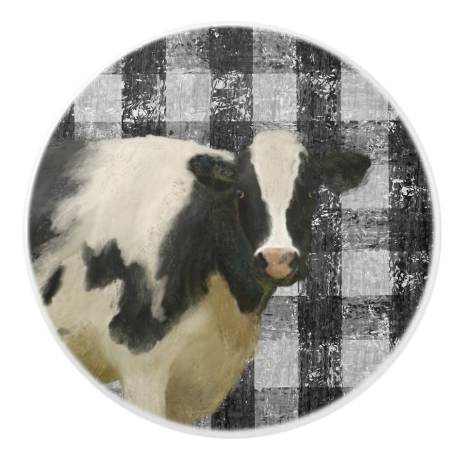 Cow Farmhouse Rustic Black n White Gingham Check Knopp (Framsidan)
