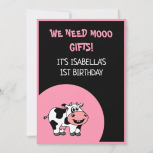 Cow Funny Farm Animal Theme Girl 1st Birthday Invi Inbjudningar