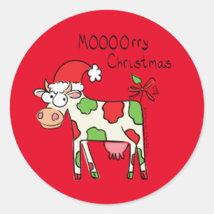 Cow Funny Tecknad Jul Helgdag Runt Klistermärke