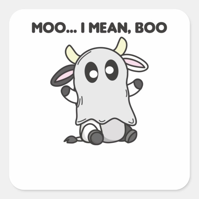 Cow Ghost Cute Kawaii Halloween Moo I Elak Boo Fyrkantigt Klistermärke (Framsida)