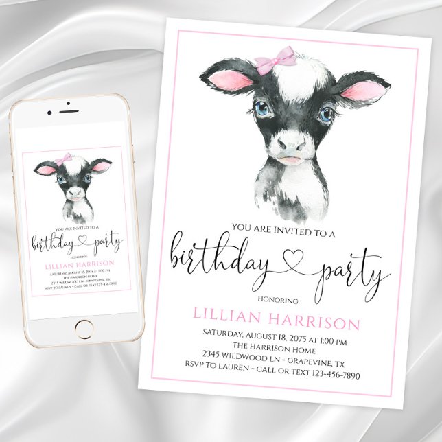 Cow Girl Farm Födelsedagsfest inbjudan (Girl cow birthday party invitations with adorable calf. Digital files and printed are available.)