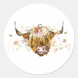 Cow Highland Blommigt Cow Stickers Runt Klistermärke