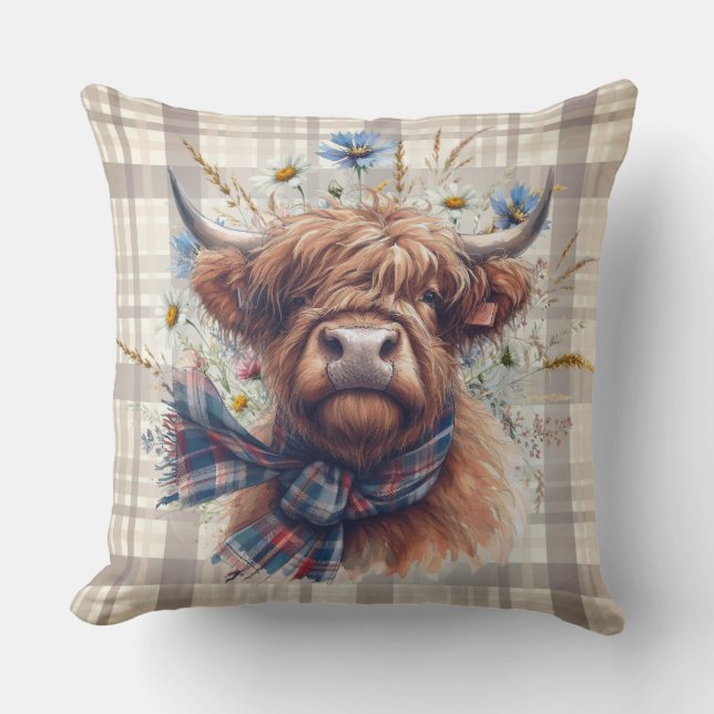 Cow Highland Farm Watercolor Kudde (Framsida)