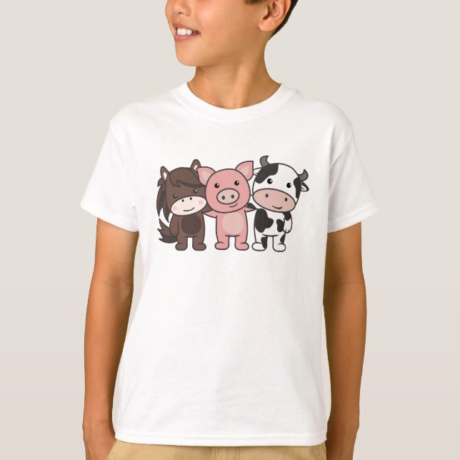 Cow Horse Gris Farm Cute Animals För barn T Shirt (Framsida)