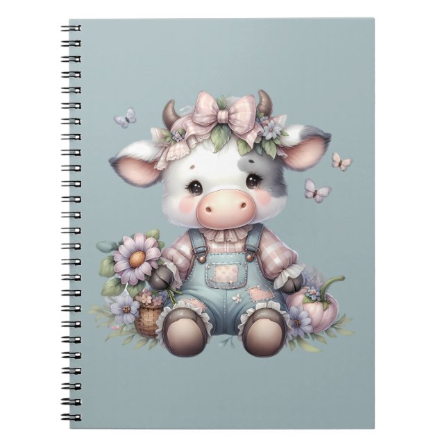 Cow i Cute Pastel Baby i överdrag med blommor Anteckningsbok (Framsidan)