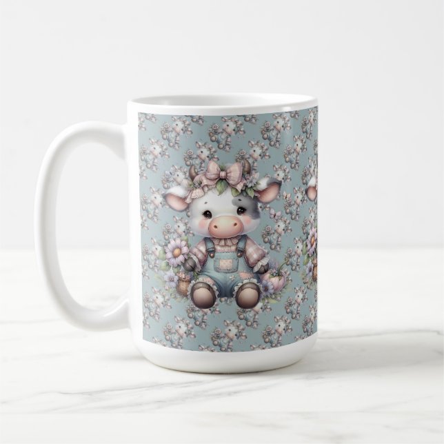 Cow i Cute Pastel Baby i överdrag med blommor Kaffemugg (Vänster)