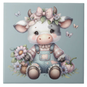 Cow i Cute Pastel Baby i överdrag med blommor Kakelplatta