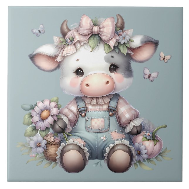 Cow i Cute Pastel Baby i överdrag med blommor Kakelplatta (Framsidan)