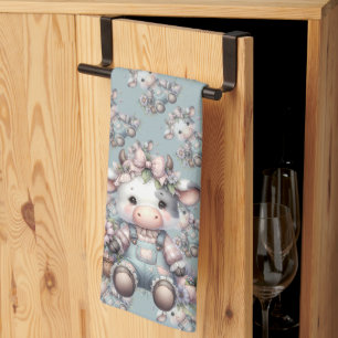 Cow i Cute Pastel Baby i överdrag med blommor Kökshandduk