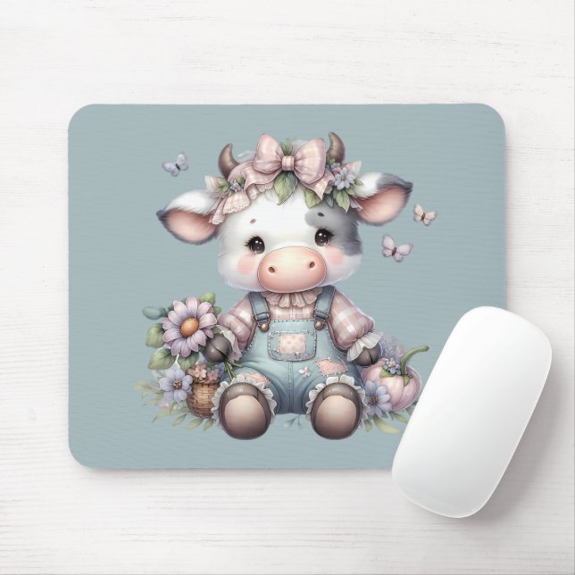 Cow i Cute Pastel Baby i överdrag med blommor Musmatta (Med mus)