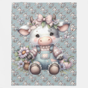 Cow i Cute Pastel Cow i överdrag med blommor Fleecefilt