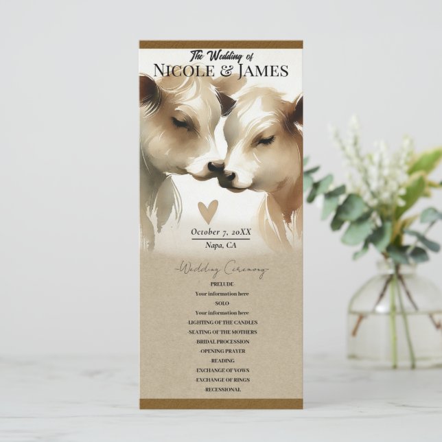 Cow Kärlek Brown Cream Landsbyggsbröllop Programme Program (Stående Fram)