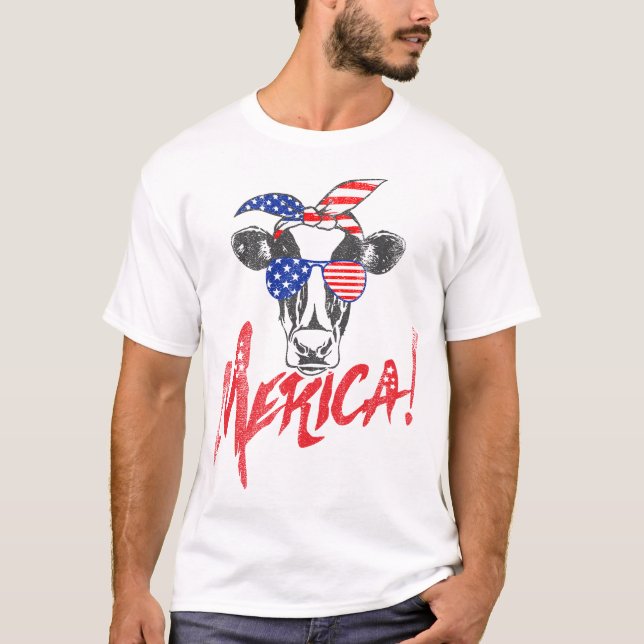 Cow Merica Funny i Kärlek Amerika 4 juli T Shirt (Framsida)