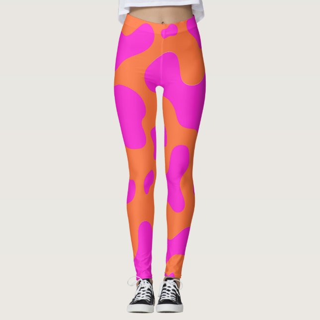 Cow Neon Rosa Orange Vild Animal Mönster Leggings (Framsida)