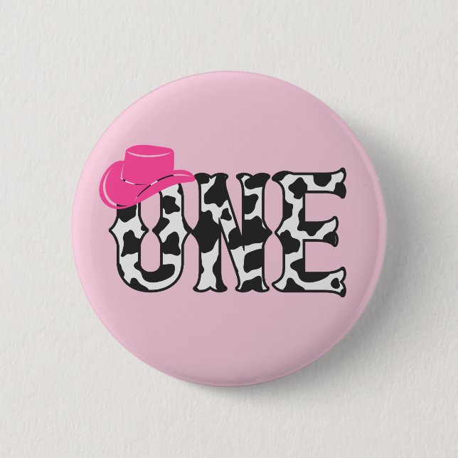 Cow Print Cowgirl HON ONE First Birthday Party Knapp (Framsida)