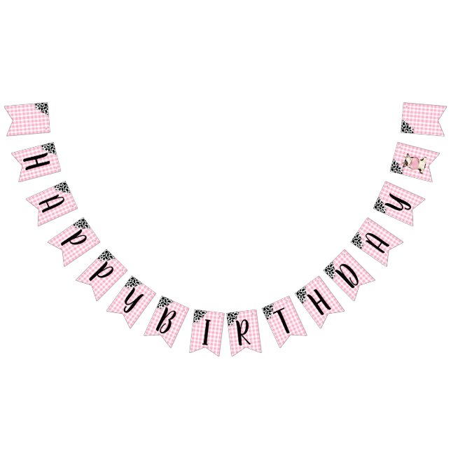 Cow Print Pink Gingham Happy Birthday Banner Vimplar (Alla)