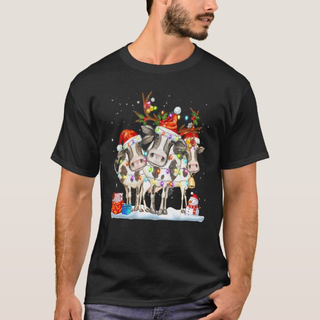 Cow Reindeer Hat Santa Christmas Lights  Cow Chris T Shirt (Framsida)