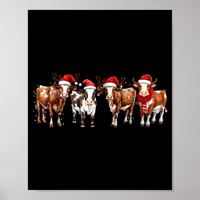 Cow Reindeer Santa Hat Christmas Light Funny Cows  Poster (Framsidan)