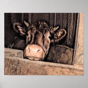 Cow Rustic Vintage Sketch Art Land Barn Farm Poster
