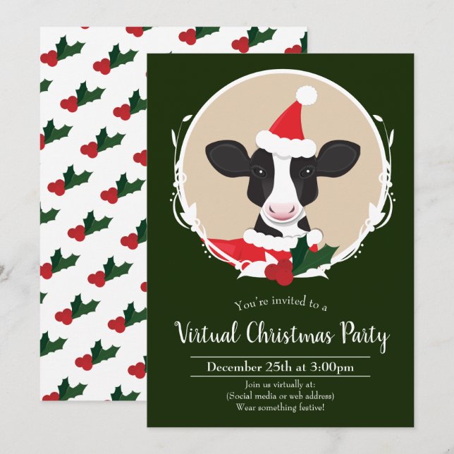 Cow Santa Grönt White Virtuella jul Party Inbjudningar (Fram/baksida)
