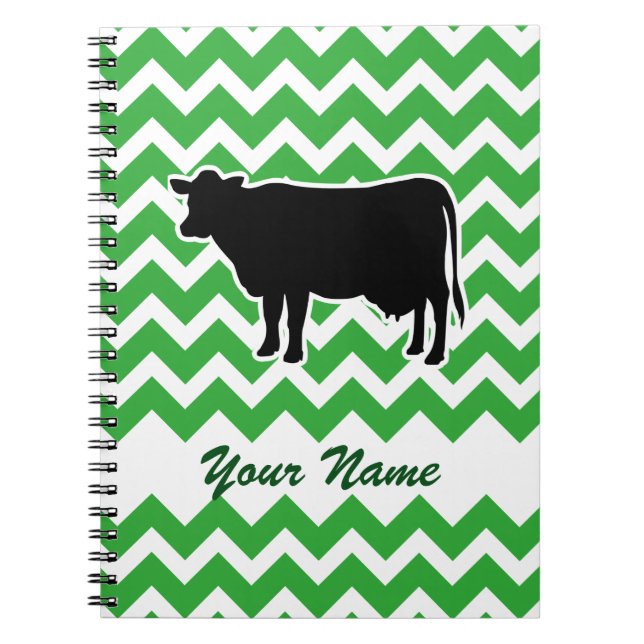 Cow Silhouette med Grönt Chevron Mönster Anteckningsbok Med Spiral (Framsidan)