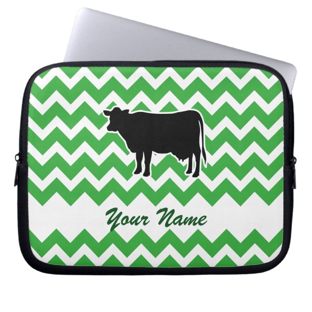 Cow Silhouette med Grönt Chevron Mönster Laptop Fodral (Framsidan)