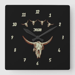 Cow Skull Brown Black Westernare Land Rustic Stil Fyrkantig Klocka