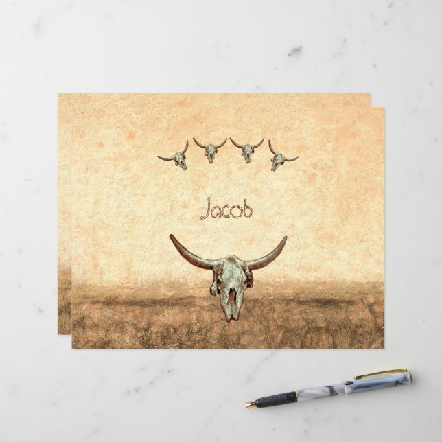 Cow Skull Brown Land Westerna Rustic Stil (Fram/Back In Situ)