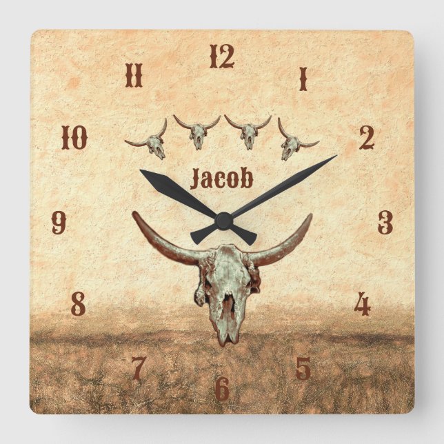 Cow Skull Brown Westerna Land Rustic Stil Fyrkantig Klocka (Framsida)