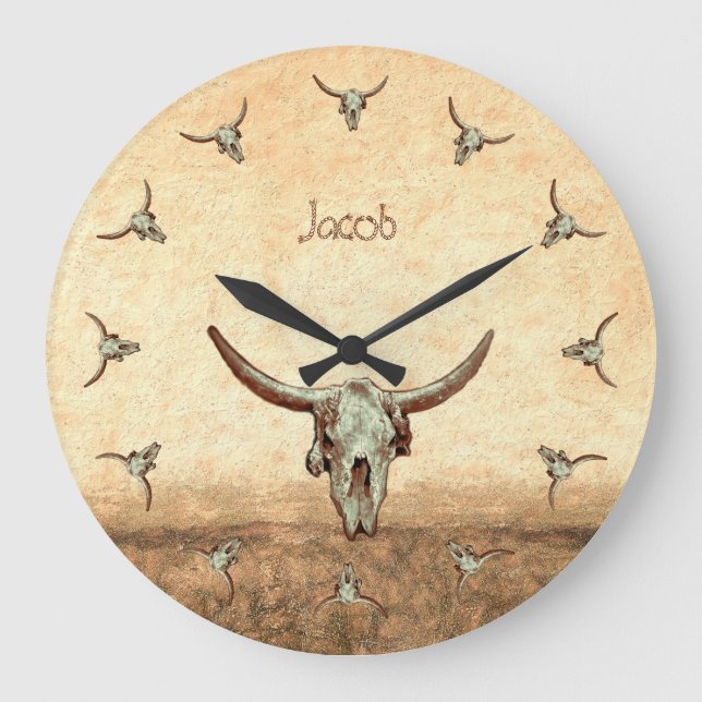 Cow Skull Brown Westerna Land Rustic Stil Stor Klocka (Framsida)