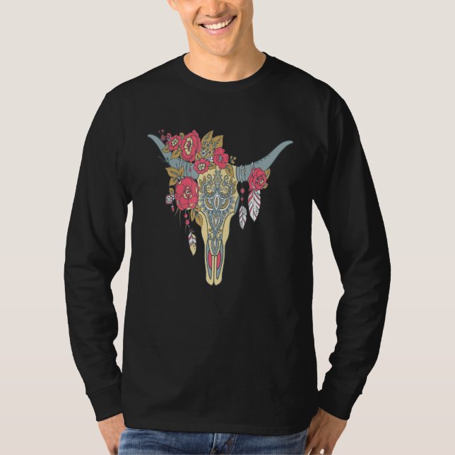 Cow Skull för Women Sugar Flowers Ro Helloween T Shirt (Framsida)