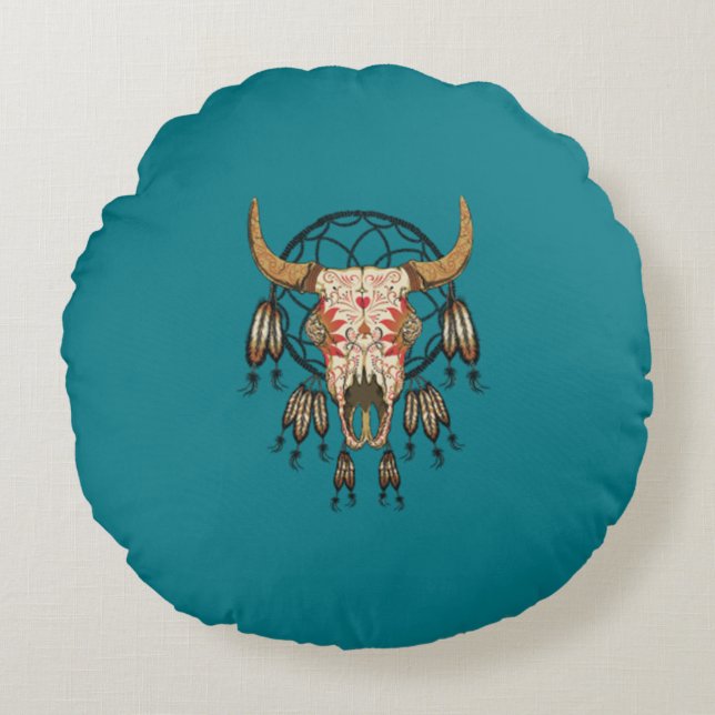 Cow Skull Southwest Dream Catcher Rund Kudde (Framsidan)