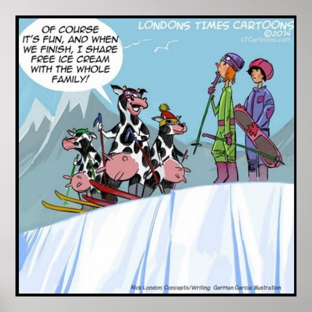 Cow Snö-Skiing Family Funny Poster (Framsidan)