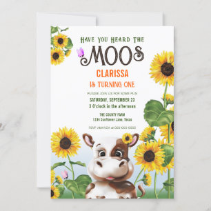 Cow Sunblomma Girl First Birthday Inbjudningar