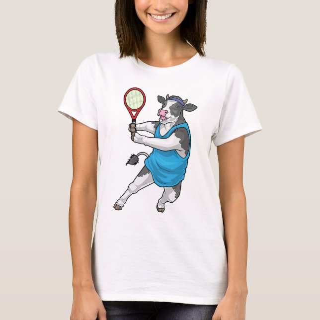 Cow Tennis Tennis racket Sports T Shirt (Framsida)
