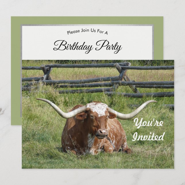Cow Texas Longhorn Photo Birthday Inbjudningar (Fram/baksida)