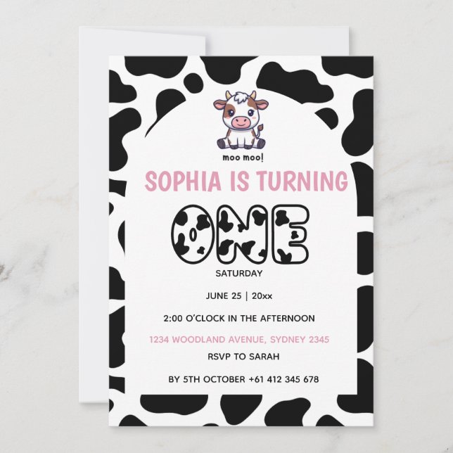 Cow Theme First Birthday Invitation – Turning One  Inbjudningar (Framsida)
