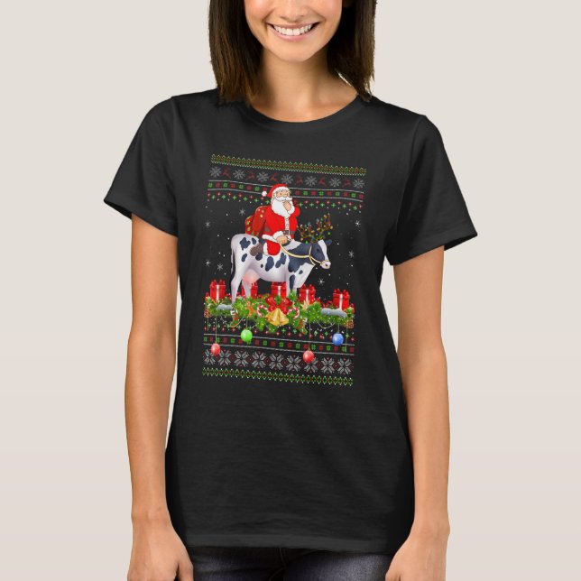 Cow   Ugly Santa Riding Cow Christmas T Shirt (Framsida)